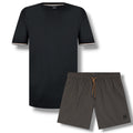 HUGO BOSS TRIM SLEEVE T-SHIRT & GEO SWIM SHORTS BLACK & BROWN