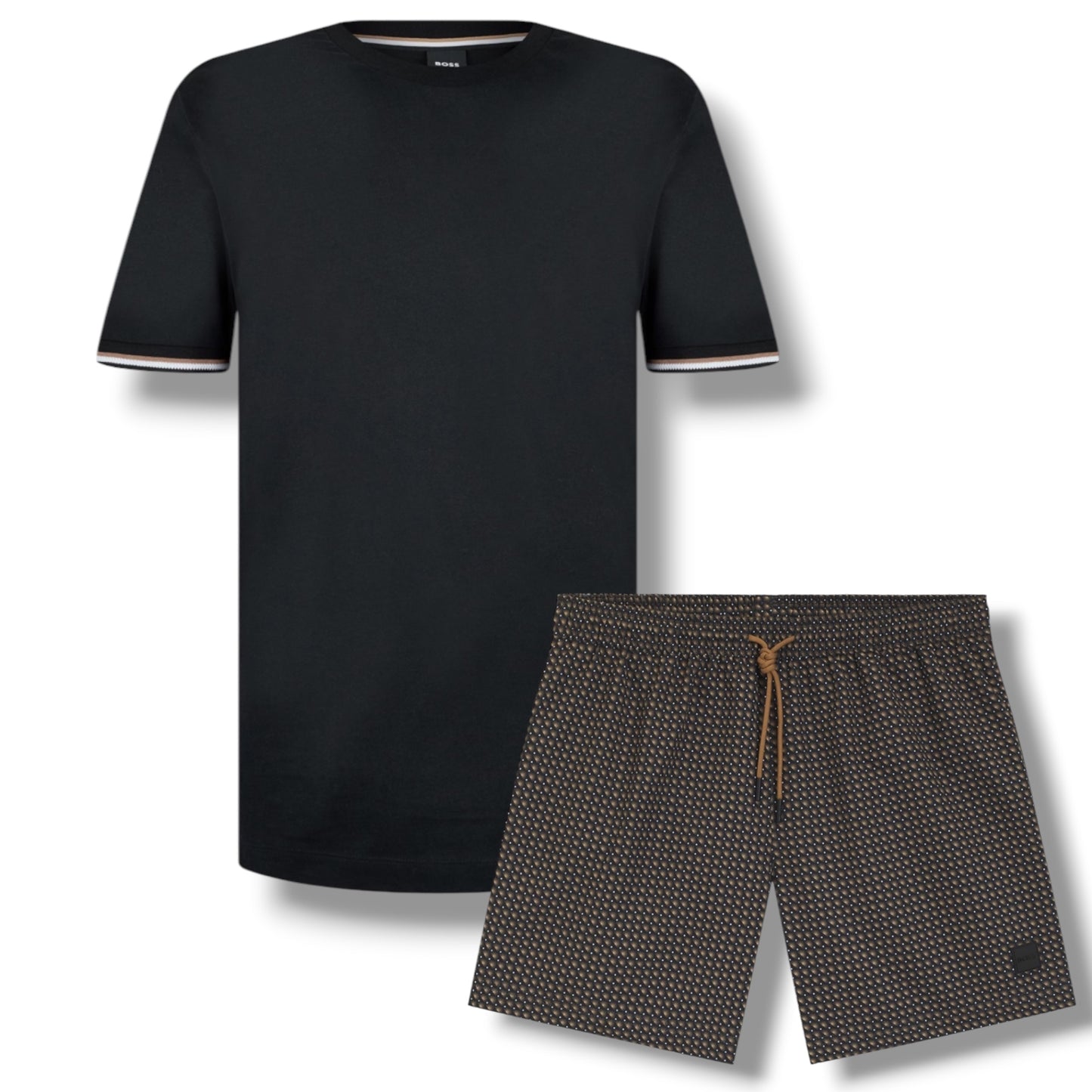 HUGO BOSS TRIM SLEEVE T-SHIRT & GEO SWIM SHORTS BLACK & BROWN