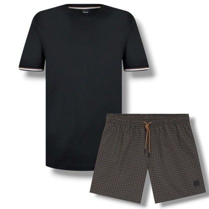 HUGO BOSS TRIM SLEEVE T-SHIRT & GEO SWIM SHORTS BLACK & BROWN
