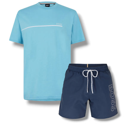 HUGO BOSS STORM T-SHIRT & SWIM SHORTS SET AQUA BLUE & NAVY BLUE