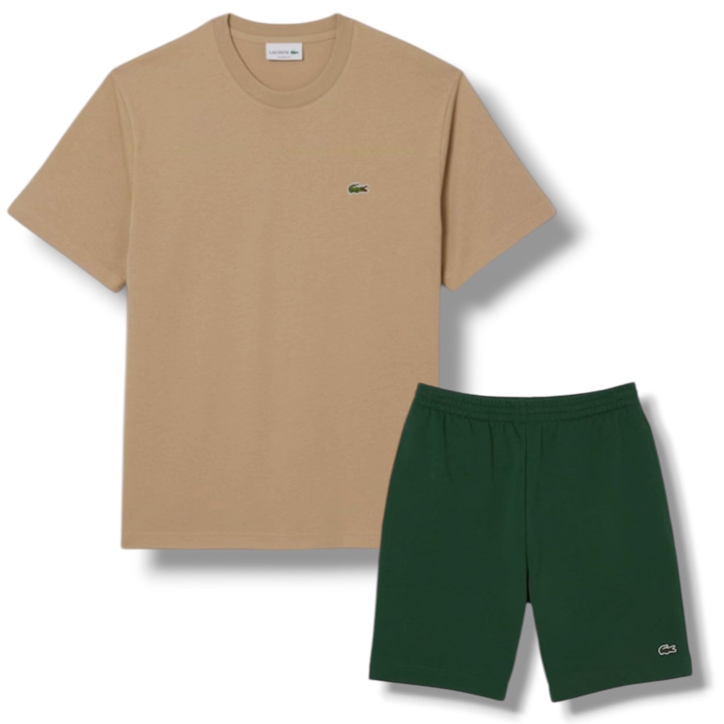 LACOSTE SMALL LOGO T-SHIRT & JERSEY SHORTS SET BEIGE & GREEN