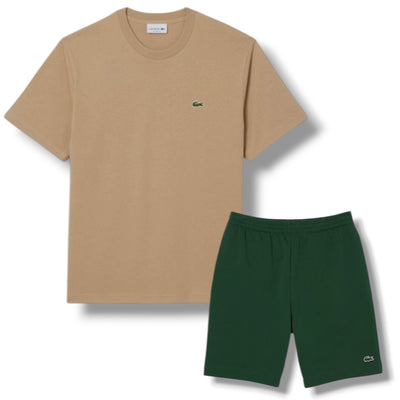 LACOSTE SMALL LOGO T-SHIRT & JERSEY SHORTS SET BEIGE & GREEN
