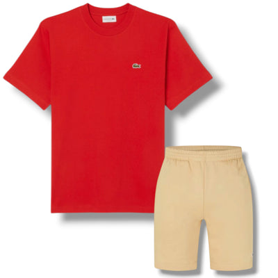 LACOSTE SMALL LOGO T-SHIRT & JERSEY SHORTS SET RED & BEIGE