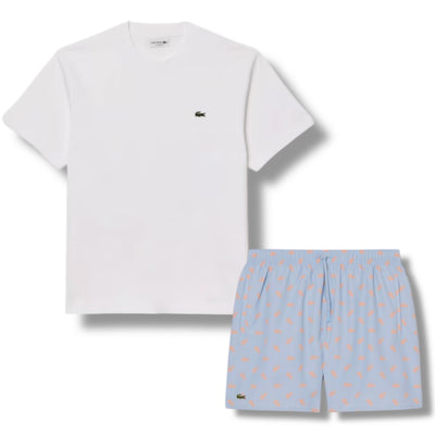 LACOSTE SMALL LOGO T-SHIRT & ALL OVER SWIM SHORTS SET WHITE & LIGHT BLUE