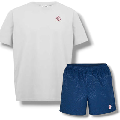CASABLANCA DIAMOND T-SHIRT & SWIM SHORTS SET GREY & BLUE