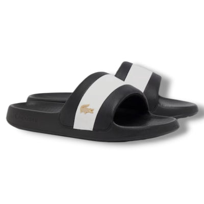 LACOSTE METAL TAB SLIDERS BLACK & WHITE