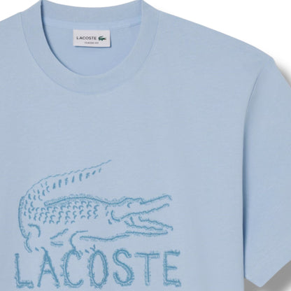 LACOSTE LARGE LOGO T-SHIRT & ALL OVER LOGO SWIM SHORTS SET LIGHT BLUE & ORANGE