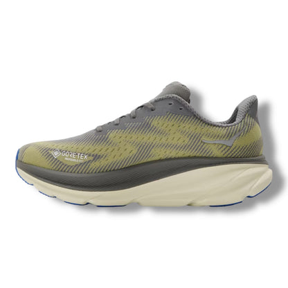 HOKA CLIFTON 9 GORE-TEX RUNNING TRAINERS GREY YELLOW