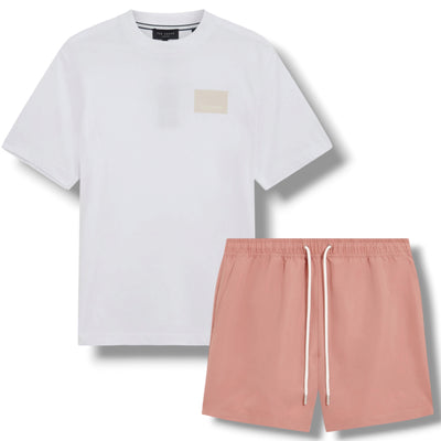 TED BAKER T-SHIRT & SWIM SHORTS SET WHITE & PINK