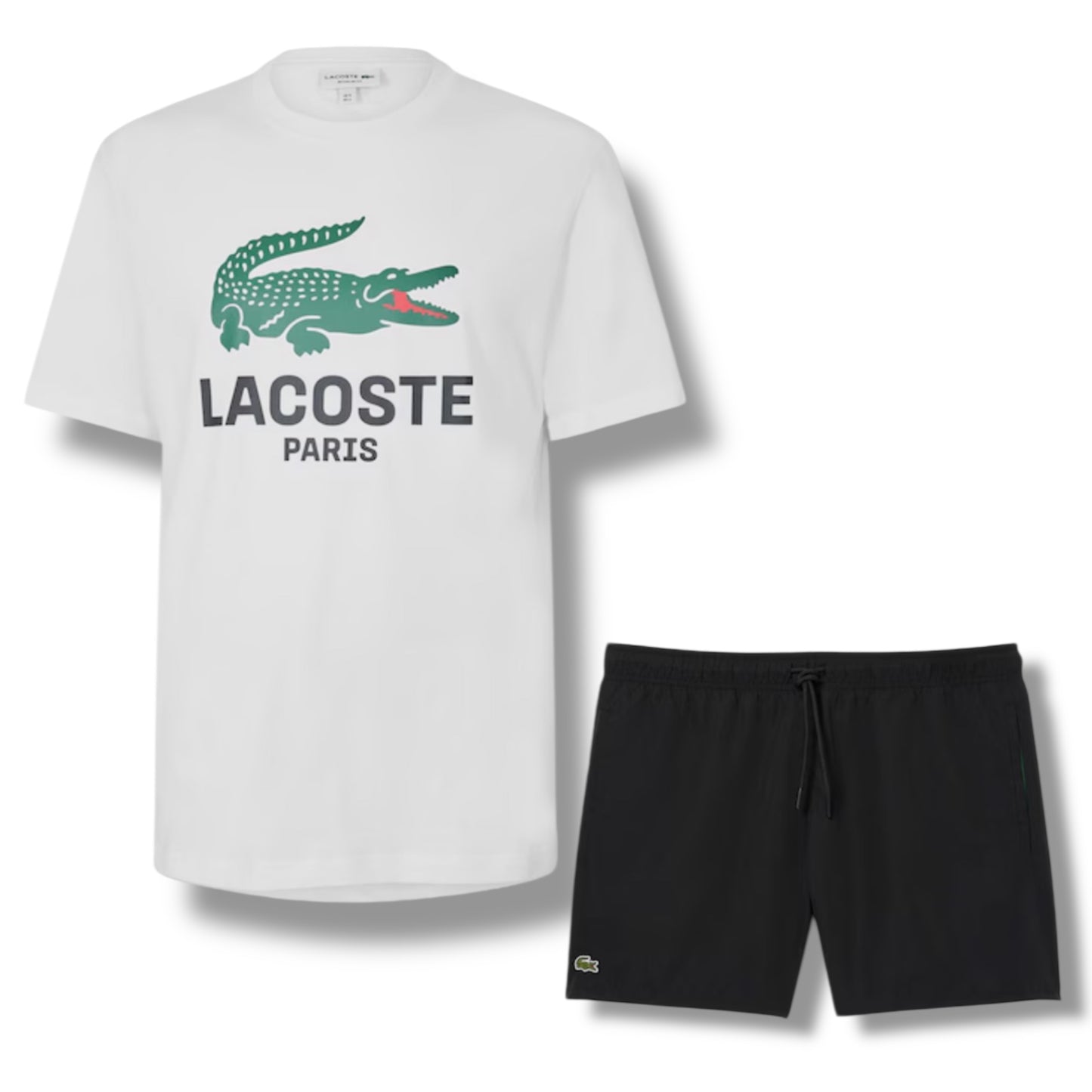 LACOSTE LARGE LOGO T-SHIRT & SWIM SHORTS SET WHITE & BLACK