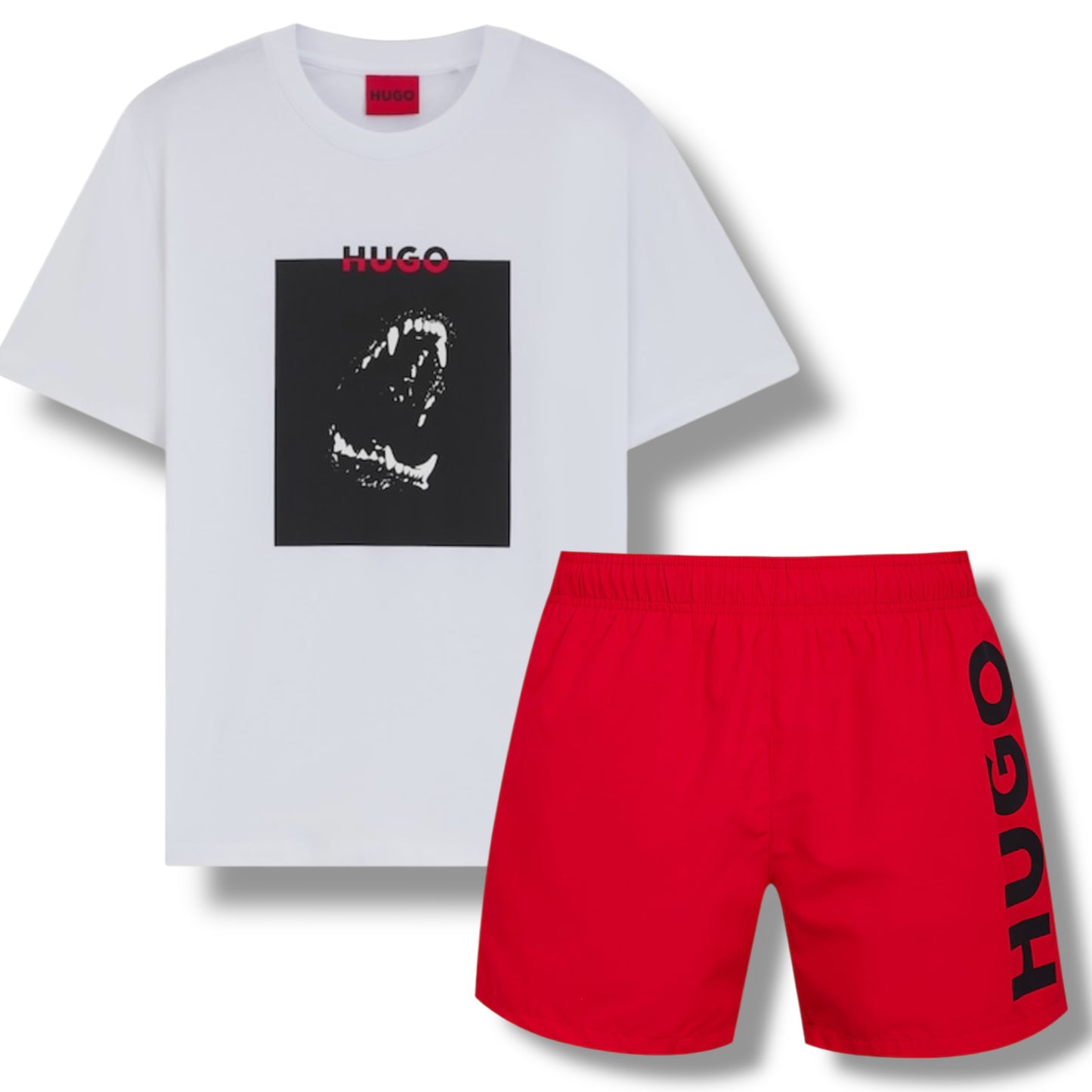 HUGO DOG TEETH LOGO T-SHIRT & VERTI SWIM SHORTS SET WHITE & RED