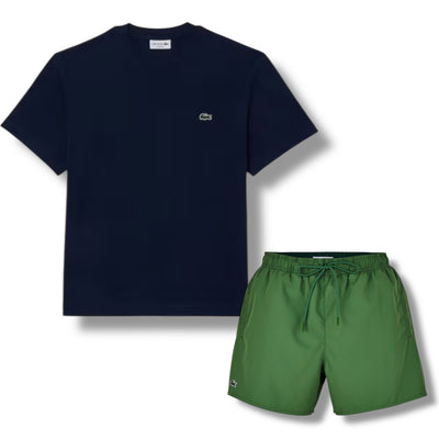 LACOSTE SMALL LOGO T-SHIRT & SWIM SHORTS SET NAVY & GREEN