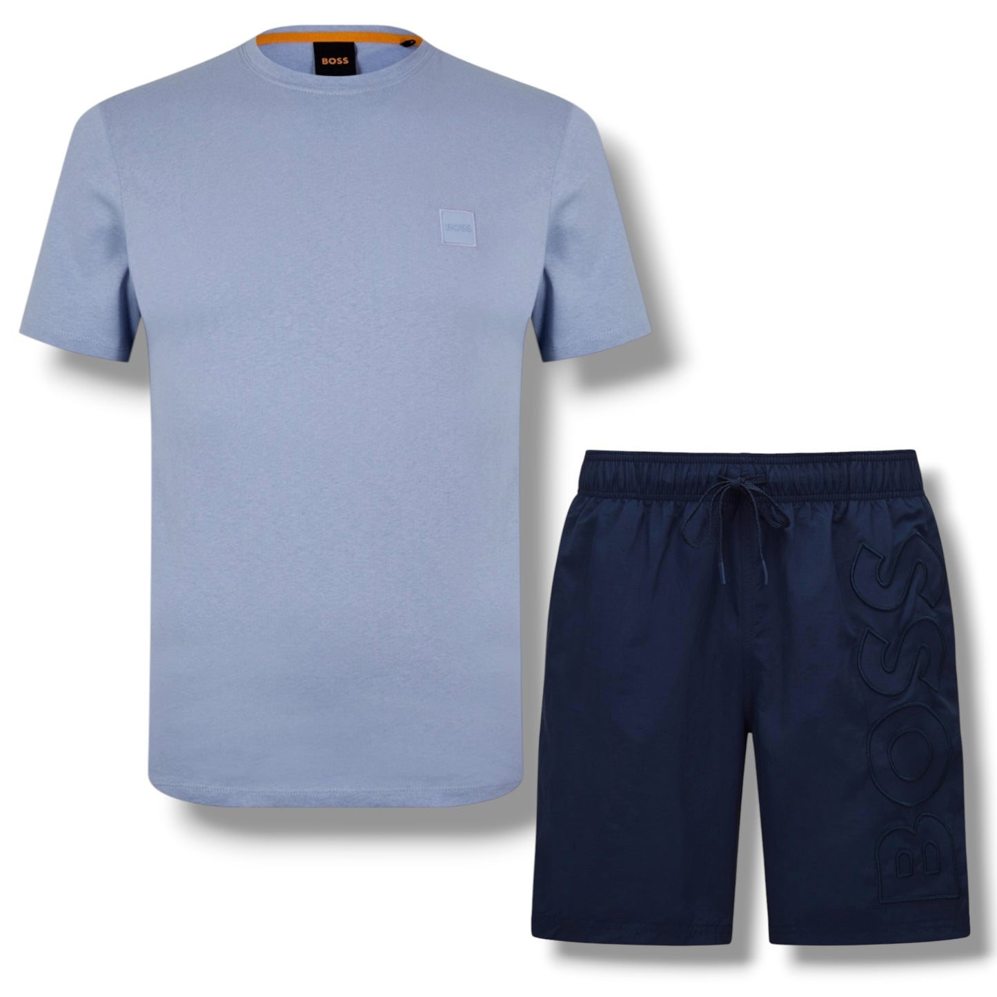 HUGO BOSS PATCH T-SHIRT & VERTI LOGO SWIM SHORTS SET MID BLUE & NAVY BLUE