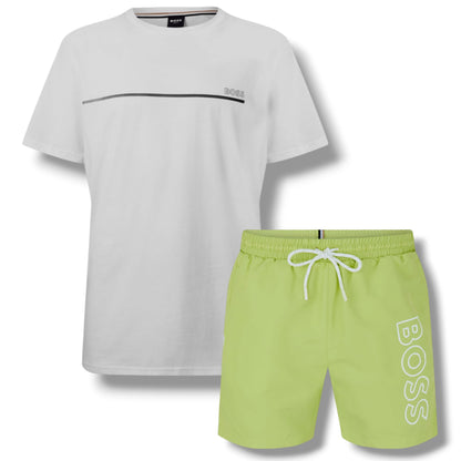 HUGO BOSS STORM T-SHIRT & SWIM SHORTS SET WHITE & LIME GREEN