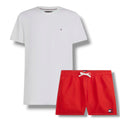 TOMMY HILFIGER SMALL LOGO T-SHIRT & SWIM SHORTS SET WHITE & RED