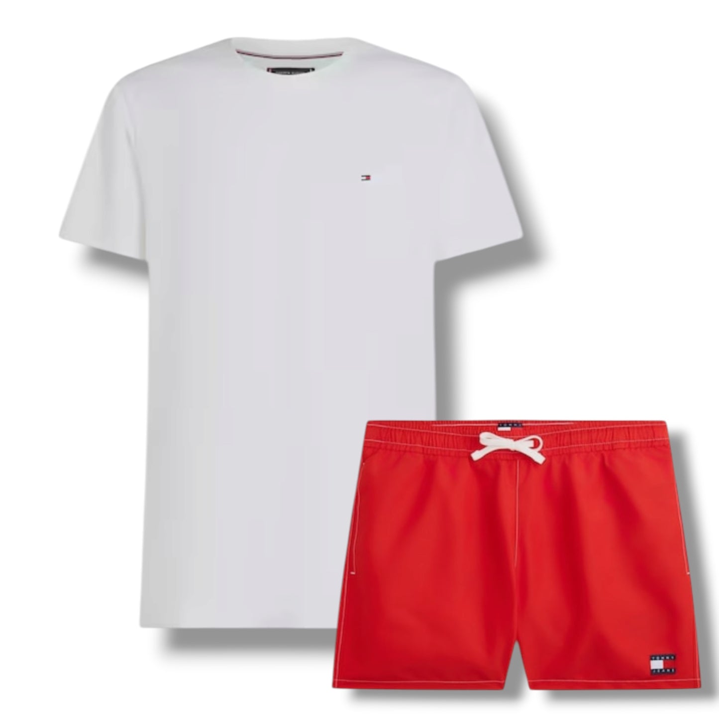 TOMMY HILFIGER SMALL LOGO T-SHIRT & SWIM SHORTS SET WHITE & RED