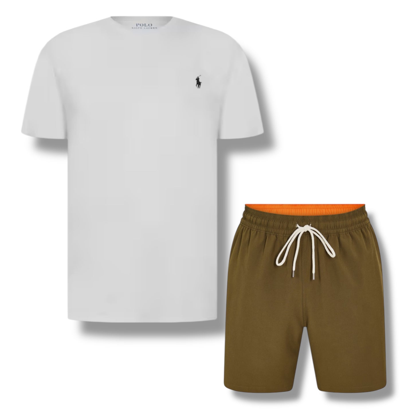 RALPH LAUREN T-SHIRT & SWIM SHORTS SET WHITE & OLIVE GREEN