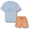 LACOSTE LARGE LOGO T-SHIRT & ALL OVER LOGO SWIM SHORTS SET LIGHT BLUE & ORANGE