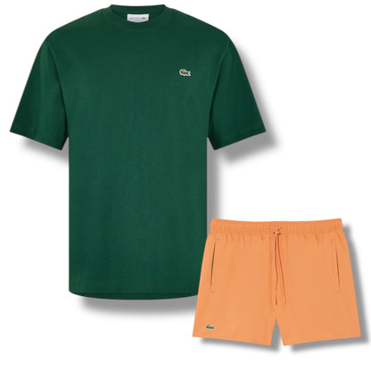 LACOSTE SMALL LOGO T-SHIRT & SWIM SHORTS SET GREEN & ORANGE