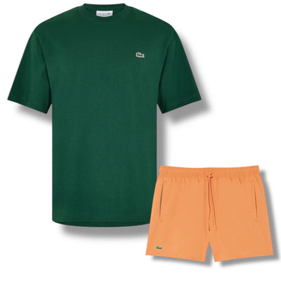 LACOSTE SMALL LOGO T-SHIRT & SWIM SHORTS SET GREEN & ORANGE