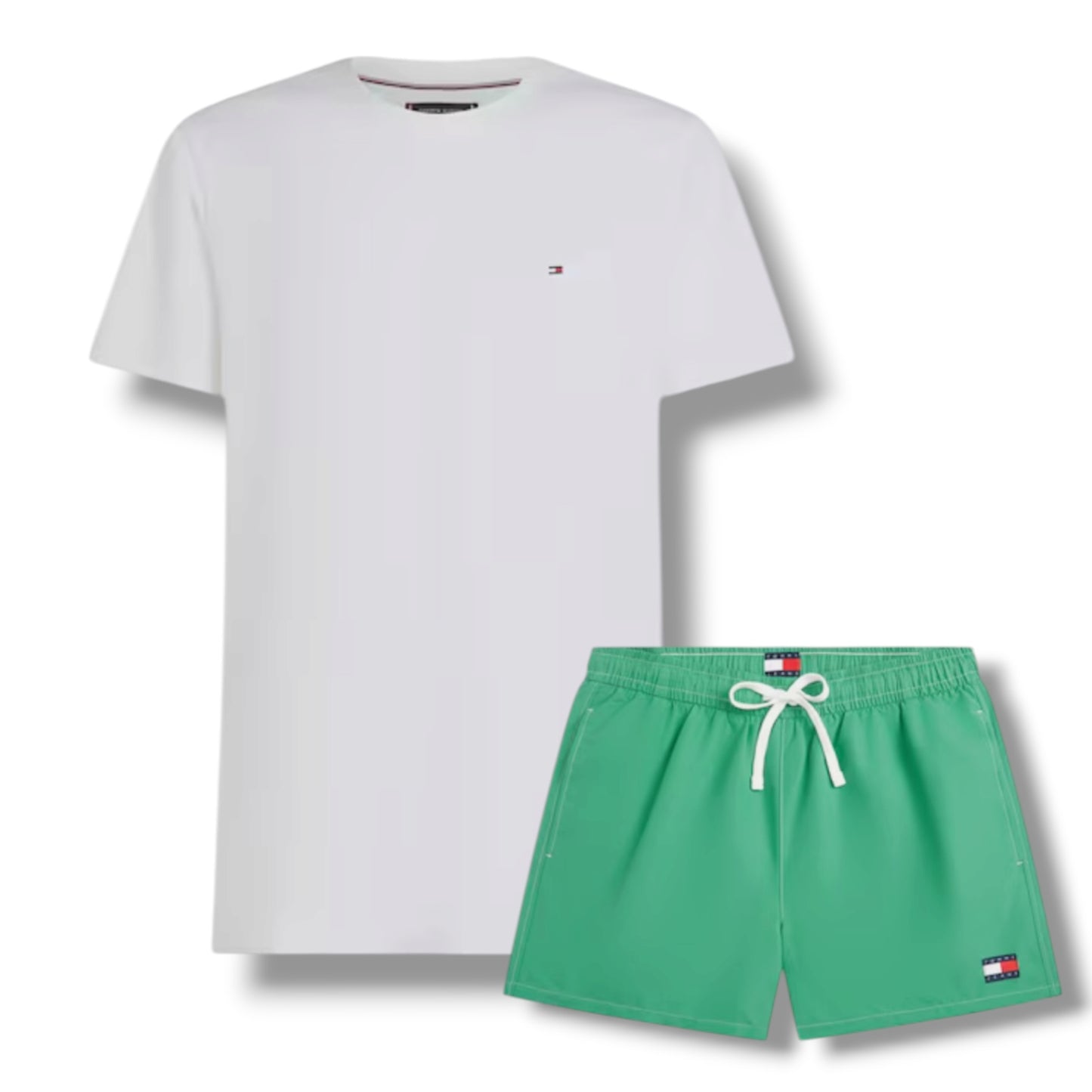 TOMMY HILFIGER SMALL LOGO T-SHIRT & SWIM SHORTS SET WHITE & GREEN