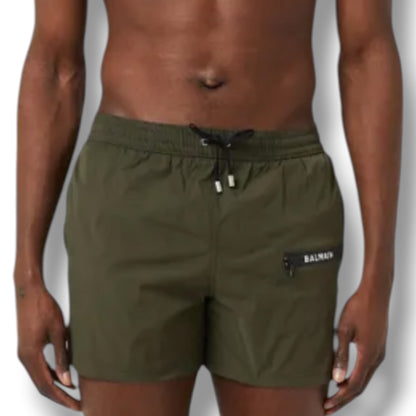 BALMAIN ZIP POCKET SWIM SHORTS KHAKI GREEN