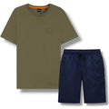 HUGO BOSS PATCH T-SHIRT & VERTI LOGO SWIM SHORTS SET KHAKI GREEN & NAVY BLUE