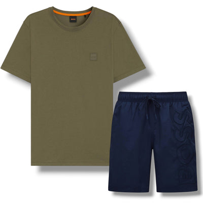 HUGO BOSS PATCH T-SHIRT & VERTI LOGO SWIM SHORTS SET KHAKI GREEN & NAVY BLUE