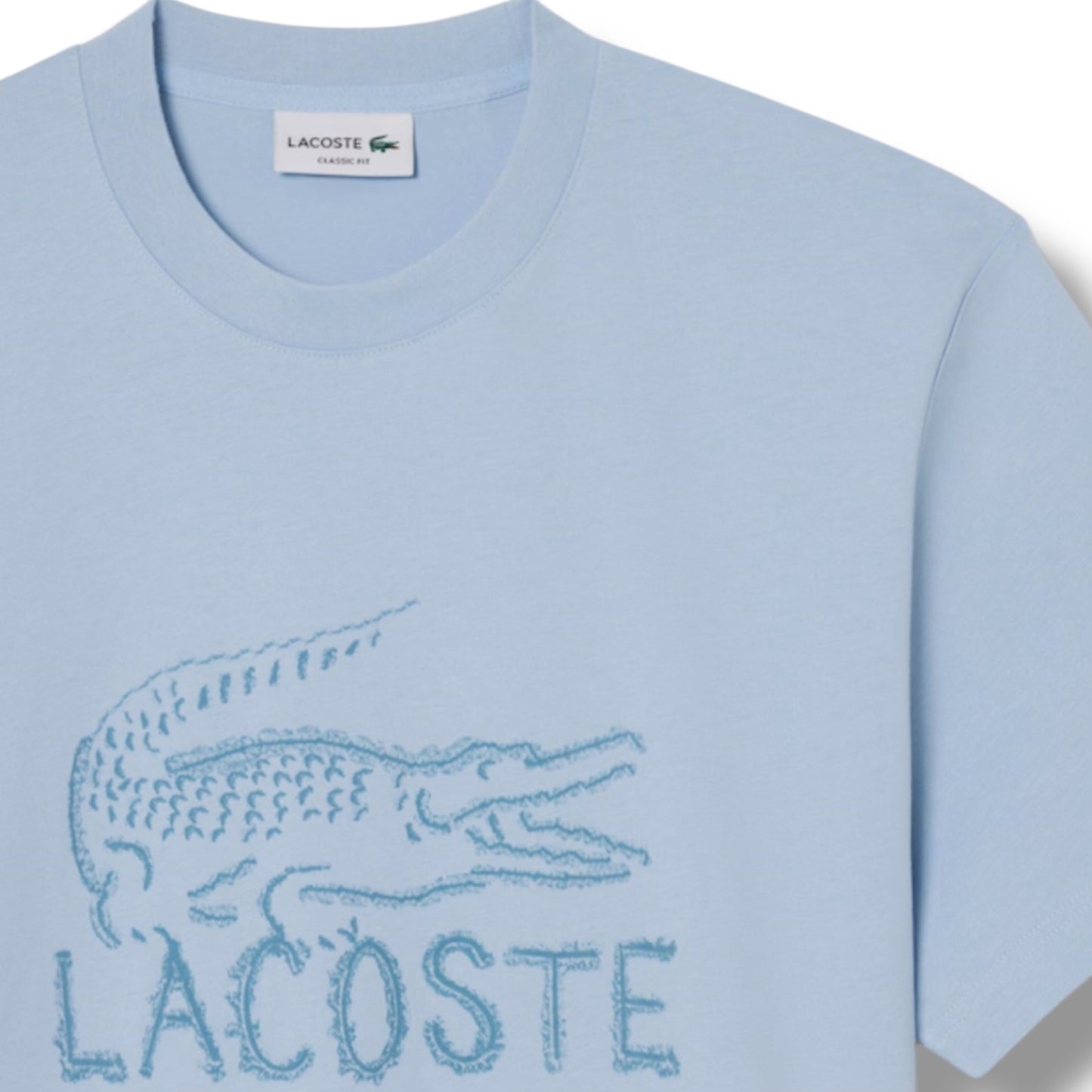 LACOSTE LARGE LOGO T-SHIRT & ALL OVER LOGO SWIM SHORTS SET LIGHT BLUE