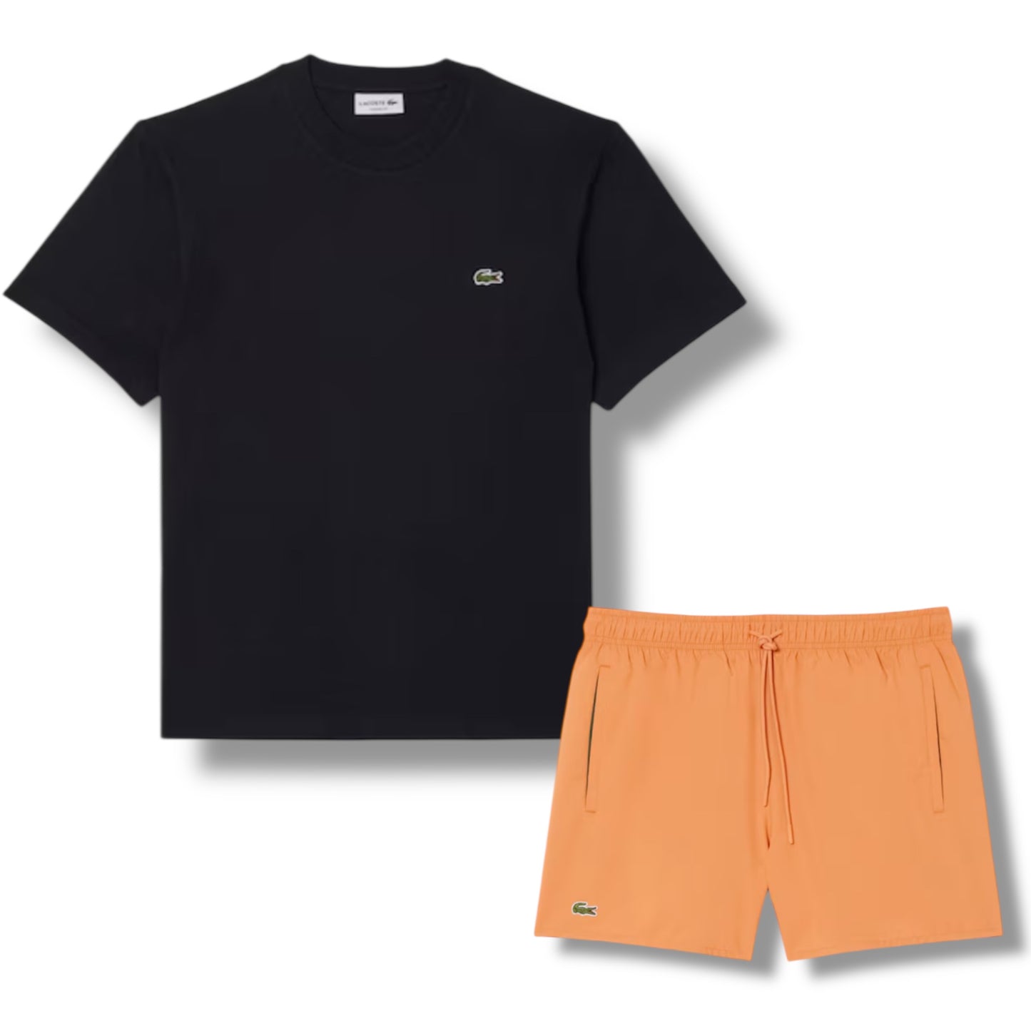 LACOSTE SMALL LOGO T-SHIRT & SWIM SHORTS SET BLACK & ORANGE