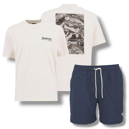 BARBOUR MAP BACK LOGO T-SHIRT &  SWIM SHORTS BEIGE & NAVY BLUE