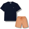 LACOSTE SMALL LOGO T-SHIRT & ALL OVER LOGO SWIM SHORTS SET NAVY & ORANGE