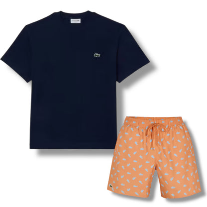 LACOSTE SMALL LOGO T-SHIRT & ALL OVER LOGO SWIM SHORTS SET NAVY & ORANGE
