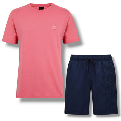 HUGO BOSS PATCH T-SHIRT & VERTI LOGO SWIM SHORTS LIGHT RED & NAVY BLUE