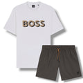 HUGO BOSS TRI LOGO T-SHIRT & GEO SWIM SHORTS WHITE & BROWN