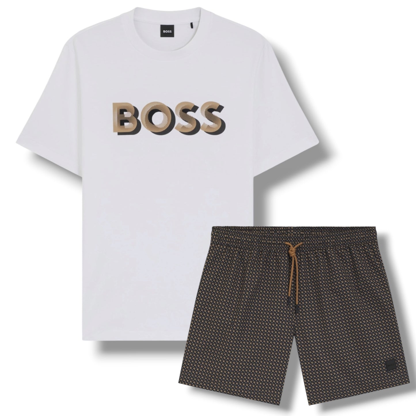 HUGO BOSS TRI LOGO T-SHIRT & GEO SWIM SHORTS WHITE & BROWN