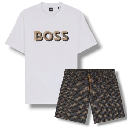HUGO BOSS TRI LOGO T-SHIRT & GEO SWIM SHORTS WHITE & BROWN