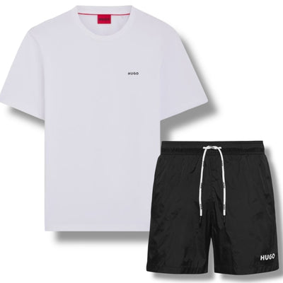 HUGO SMALL LOGO T-SHIRT & SMALL LOGO SWIM SHORTS SET WHITE & BLACK