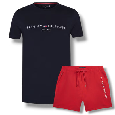 TOMMY HILFIGER LOGO T-SHIRT & SWIM SHORTS SET NAVY BLUE & RED