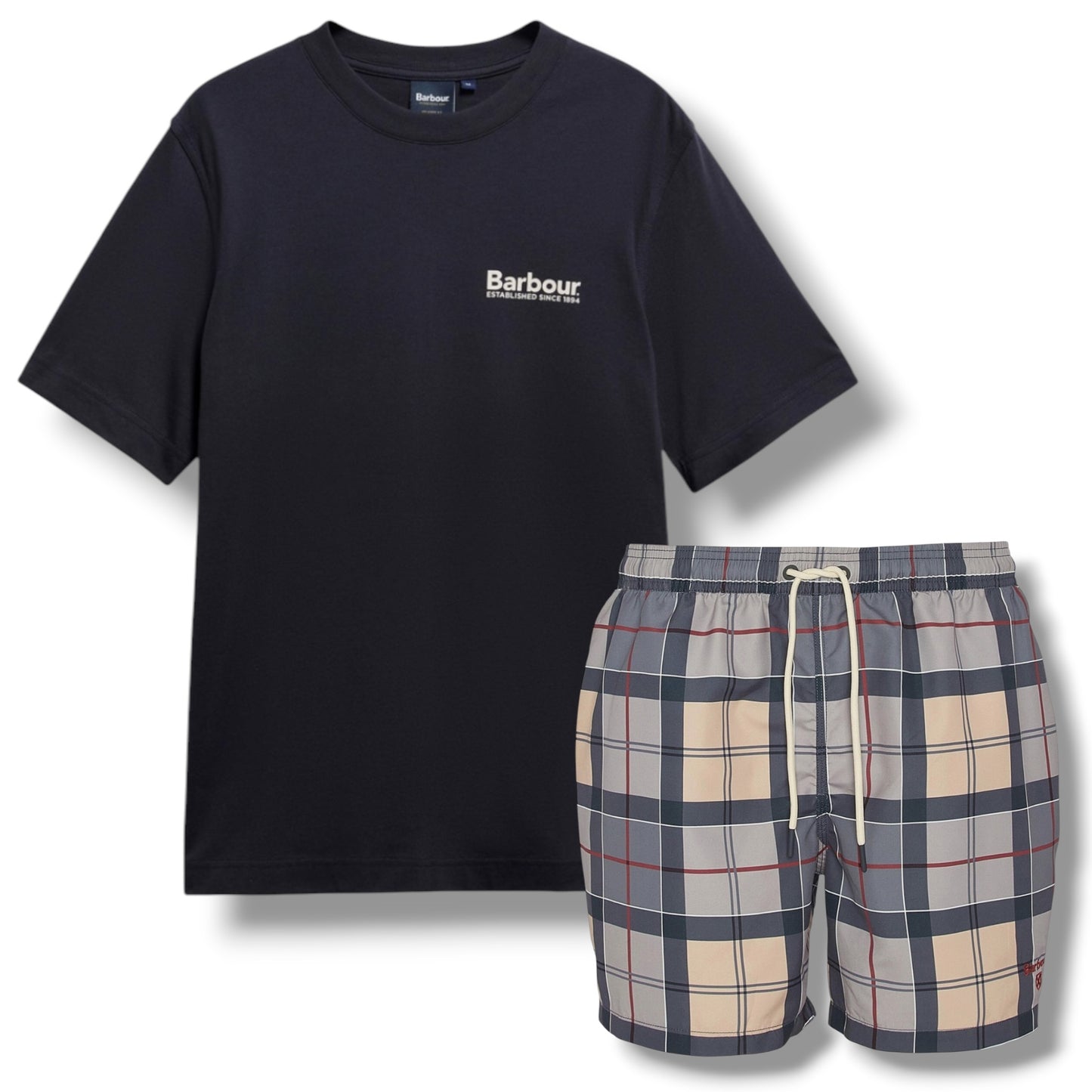 BARBOUR LIGHTHOUSE BACK LOGO T-SHIRT & CHECK SWIM SHORTS SET NAVY BLUE & BEIGE