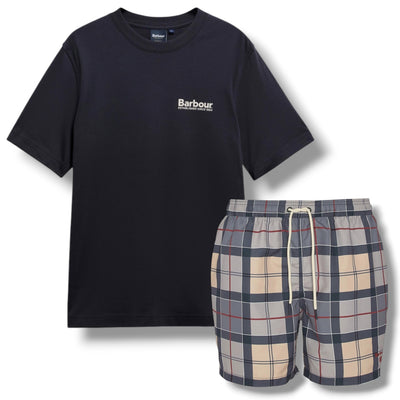 BARBOUR LIGHTHOUSE BACK LOGO T-SHIRT & CHECK SWIM SHORTS SET NAVY BLUE & BEIGE