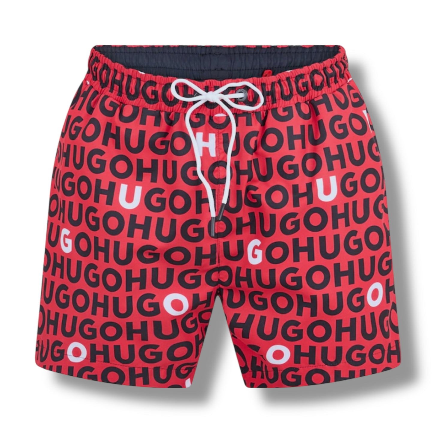 HUGO BIG LOGO T-SHIRT & ALL OVER SWIM SHORTS SET WHITE - RED & RED