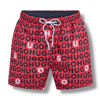 HUGO BIG LOGO T-SHIRT & ALL OVER SWIM SHORTS SET WHITE - RED & RED