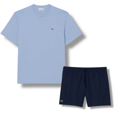 LACOSTE SMALL LOGO T-SHIRT & SWIM SHORTS SET LIGHT BLUE & NAVY BLUE