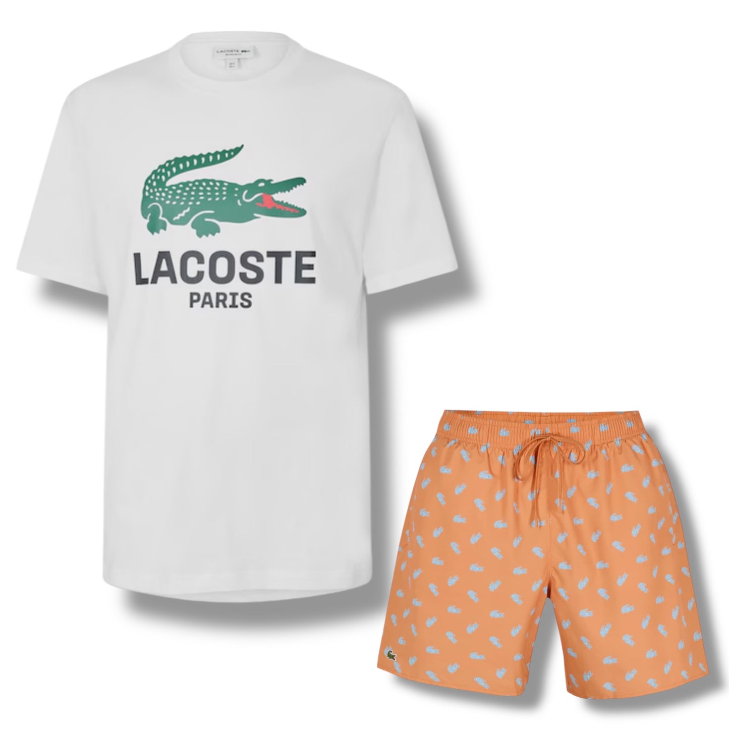 LACOSTE LARGE LOGO T-SHIRT & ALL OVER LOGO SWIM SHORTS SET WHITE & ORANGE