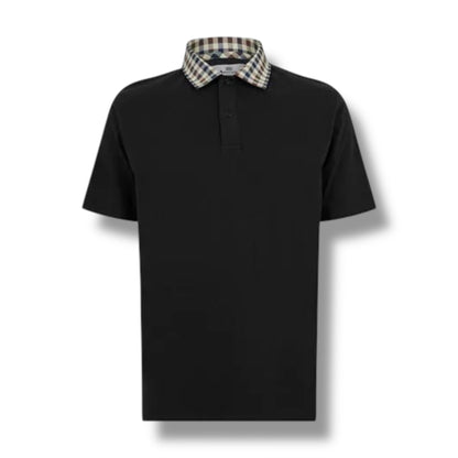 AQUASCUTUM CHECK COLLAR POLO SHIRT BLACK