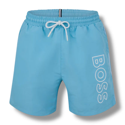 HUGO BOSS SMALL LOGO T-SHIRT & VERTI SWIM SHORTS SET WHITE & AQUA BLUE