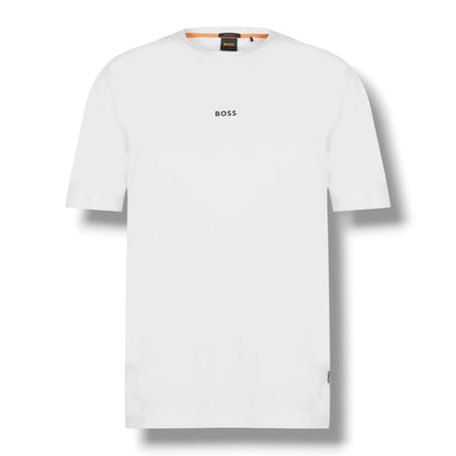 HUGO BOSS CENTRE LOGO T-SHIRT & FLORAL SWIM SHORTS SET WHITE & KHAKI GREN
