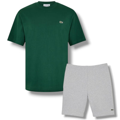 LACOSTE SMALL LOGO T-SHIRT & JERSEY SHORTS SET GREEN & GREY