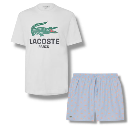 LACOSTE LARGE LOGO T-SHIRT & ALL OVER LOGO SWIM SHORTS SET WHITE & LIGHT BLUE